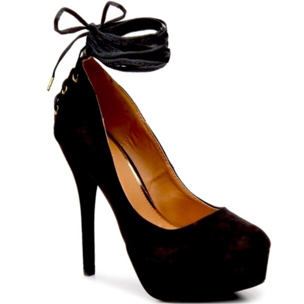 NEW QUPID BLACK TIE PLATFORM PUMP size 7 lace up around Leg heels shoes sexy